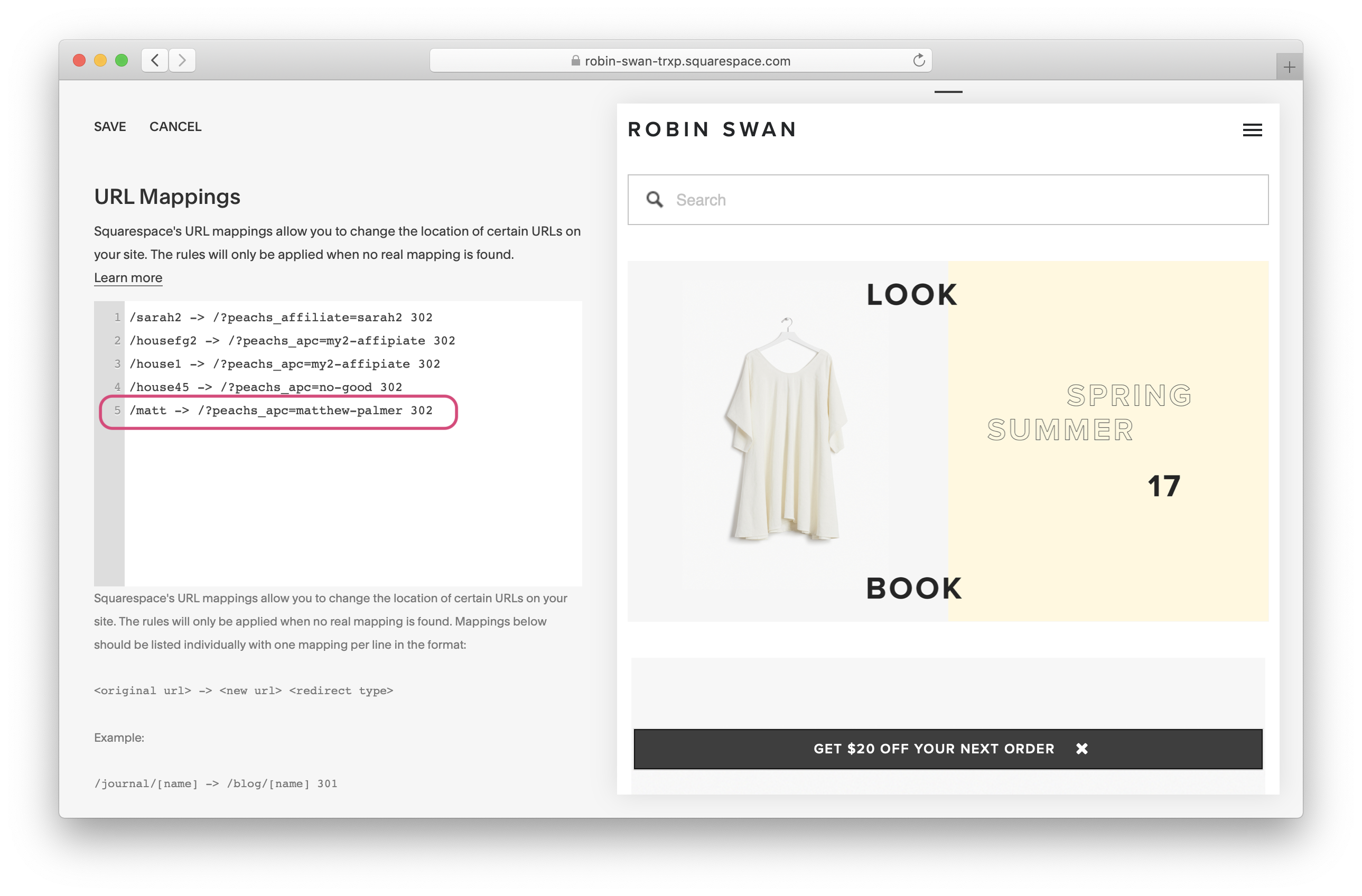 Squarespace URL mapping settings